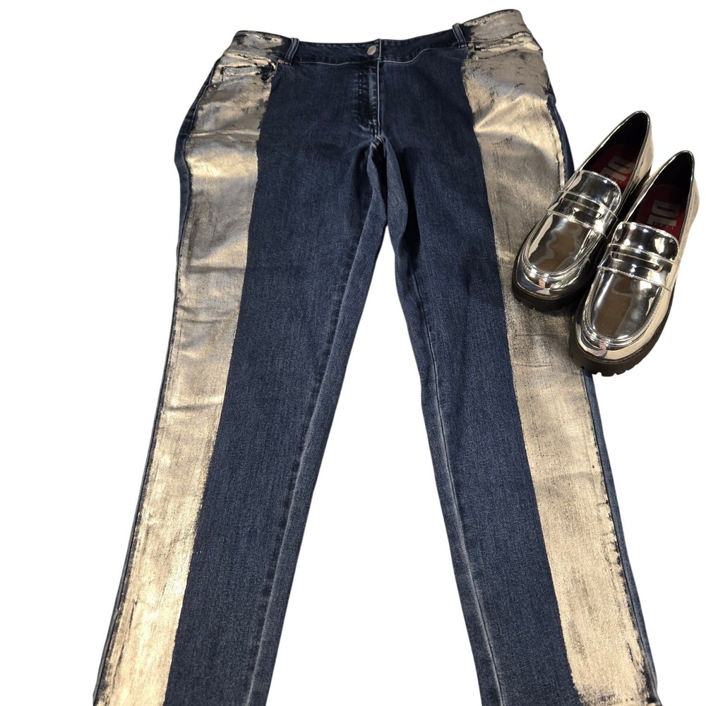 Denim 24/7 Womens 18W Silver Metallic Side Stripe Straight Leg Jeans Blue Indigo